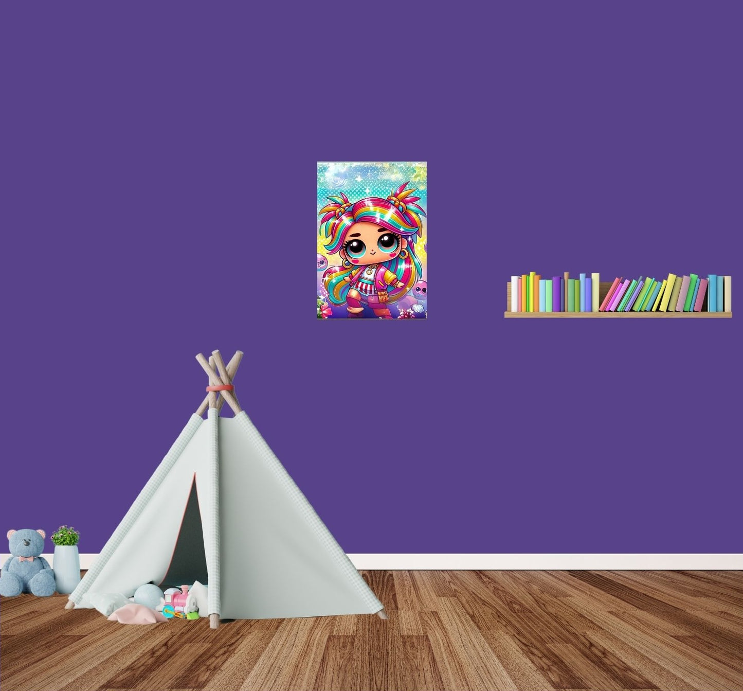 Kinderzimmer-Mockup mit Poster der bunten Superheldin – magisch, farbenfroh & ideal als Geschenk.