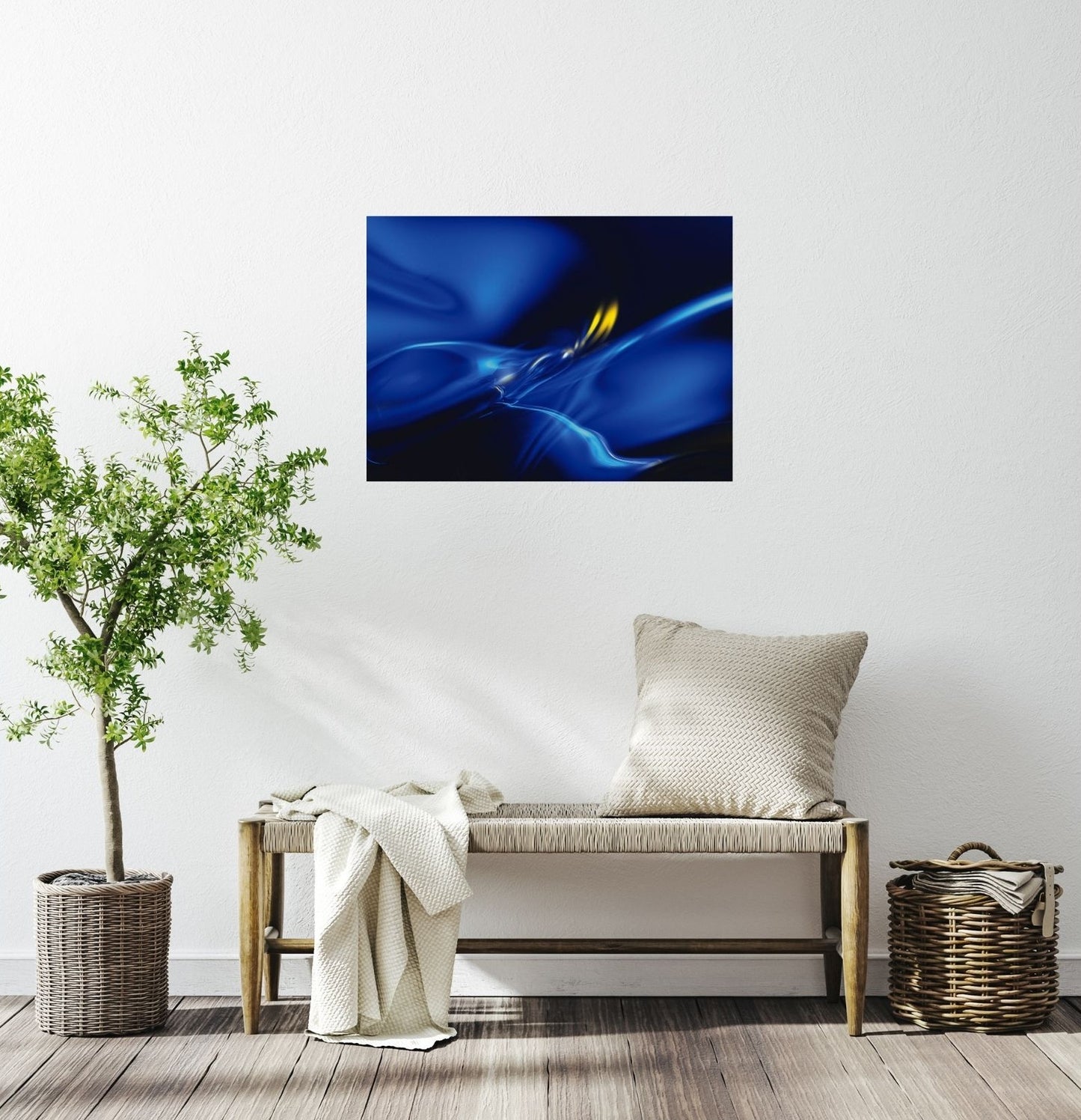Modernes Poster mit abstrakter blauer Kunst über Sofa – stilvolle Wanddekoration für Wohnzimmer oder Büro