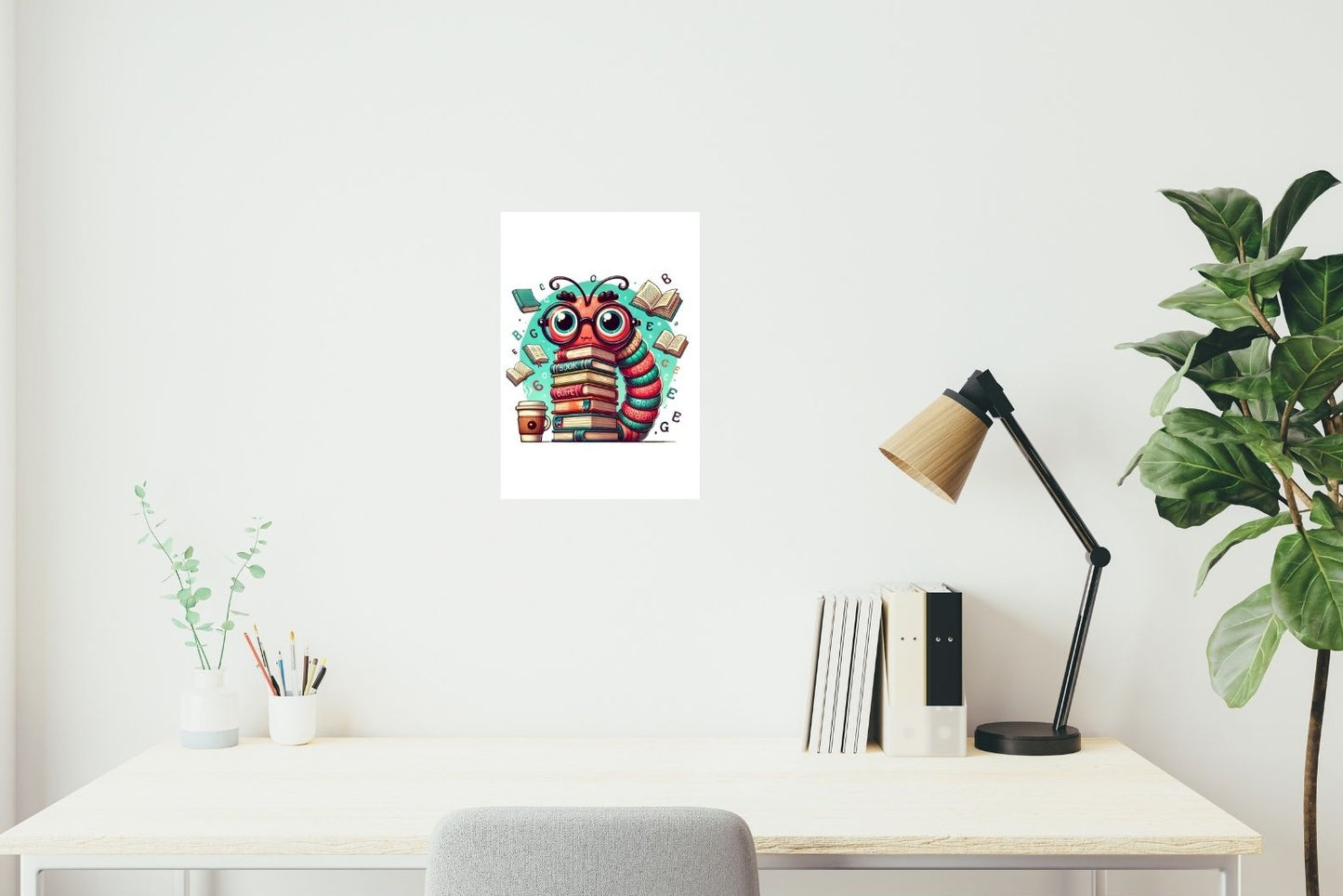 Metallposter mit Bücherwurm und Coffee-to-go, umgeben von Notizen und Büchern – humorvoll für Leseecken