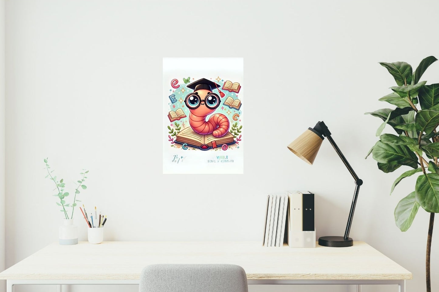 Süßes Metallposter mit schlauem Bücherwurm und Lernsymbolen – ideales Geschenk für Leseratten und Schüler