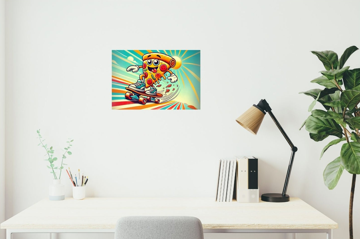 Witziges Metallposter mit rollender Pizzascheibe auf Skateboard in buntem Comic-Stil – ideal für Küche oder Jugendzimmer