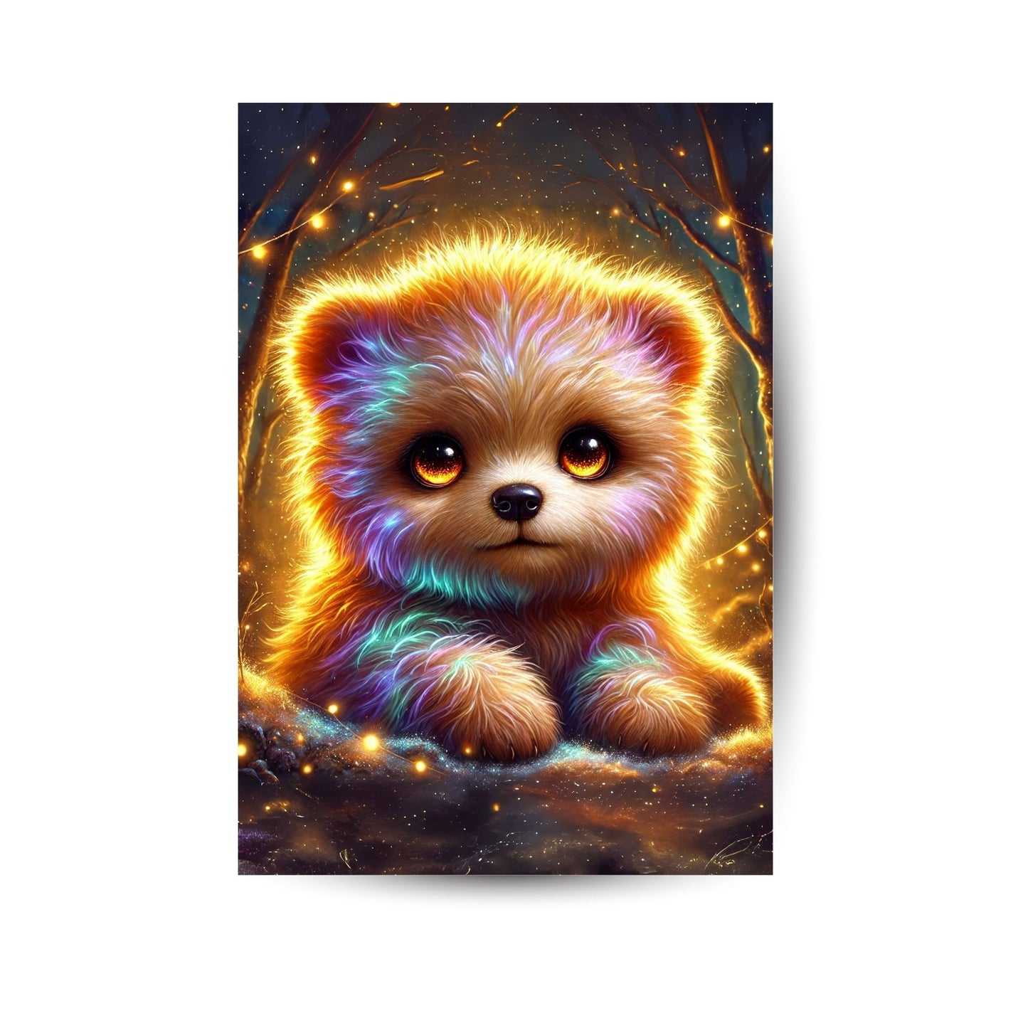 Leuchtender Zauberbär mit Herz auf hochwertigem Metallposter – märchenhafte Farben, Hochglanz-Finish, perfekt für liebevolle Wandgestaltung