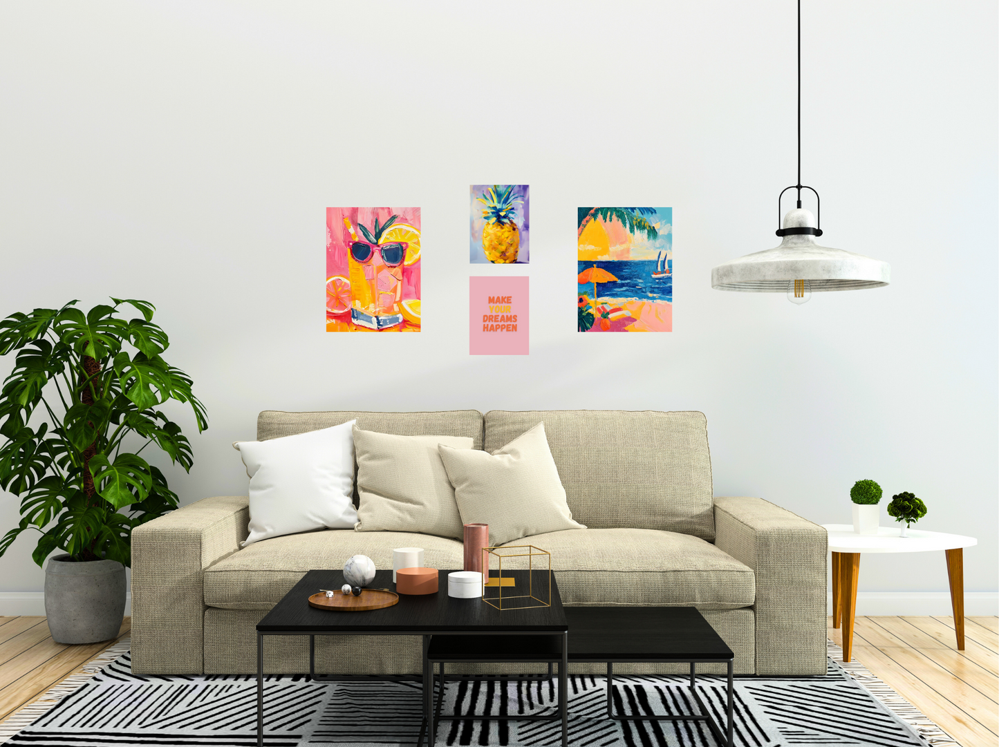 Modernes Interieur mit farbenfrohem Ananas-Kunstdruck an der Wand für tropisches Flair