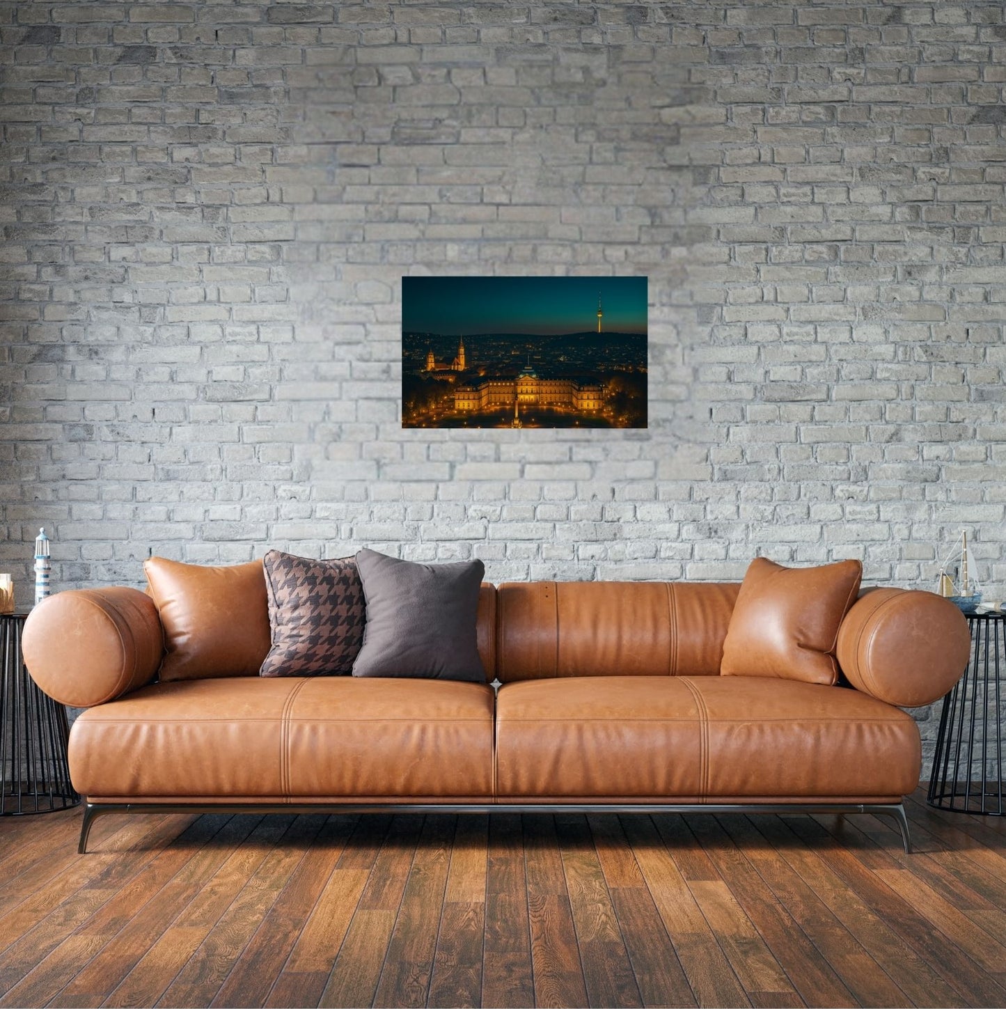 Wandbild der nächtlichen Stuttgarter Skyline im Wohnzimmer – modernes Dekoelement mit süddeutschem Flair