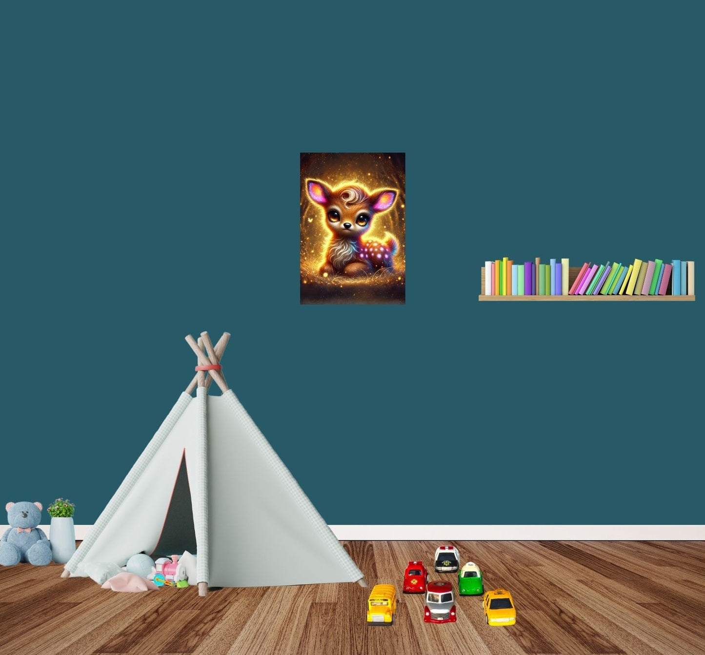 Traumhaftes Rehkitz-Metallposter in goldener Glanzoptik – detailreiches Fantasy-Design auf Premium-Metall, ideal als Geschenk oder Kinderzimmerdeko