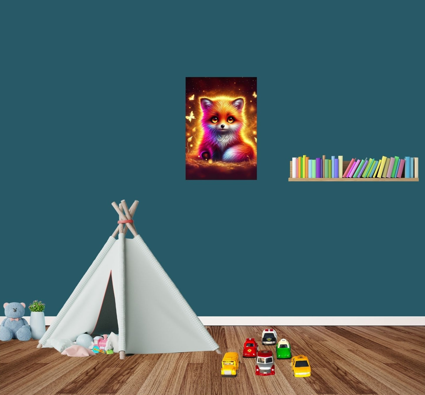 Zuckersüßer Babyfuchs mit goldener Aura – hochwertiges Metallposter in brillanten Farben mit magnetischer Wandbefestigung