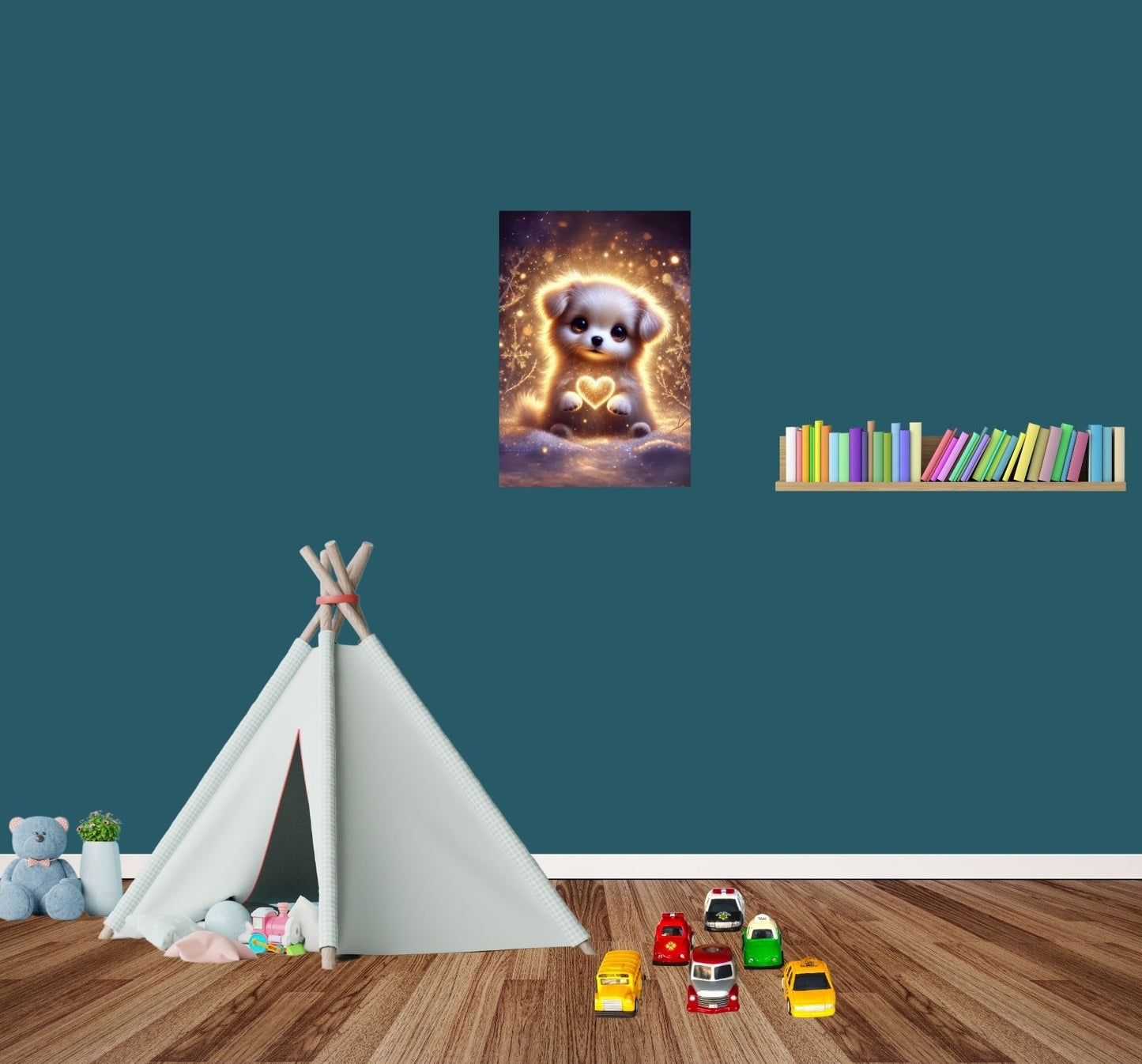 Zauberhaftes Metallposter mit leuchtendem Welpen und Herzsymbol – brillante Farben, Hochglanz-Finish und einfache Magnetbefestigung ohne Bohren