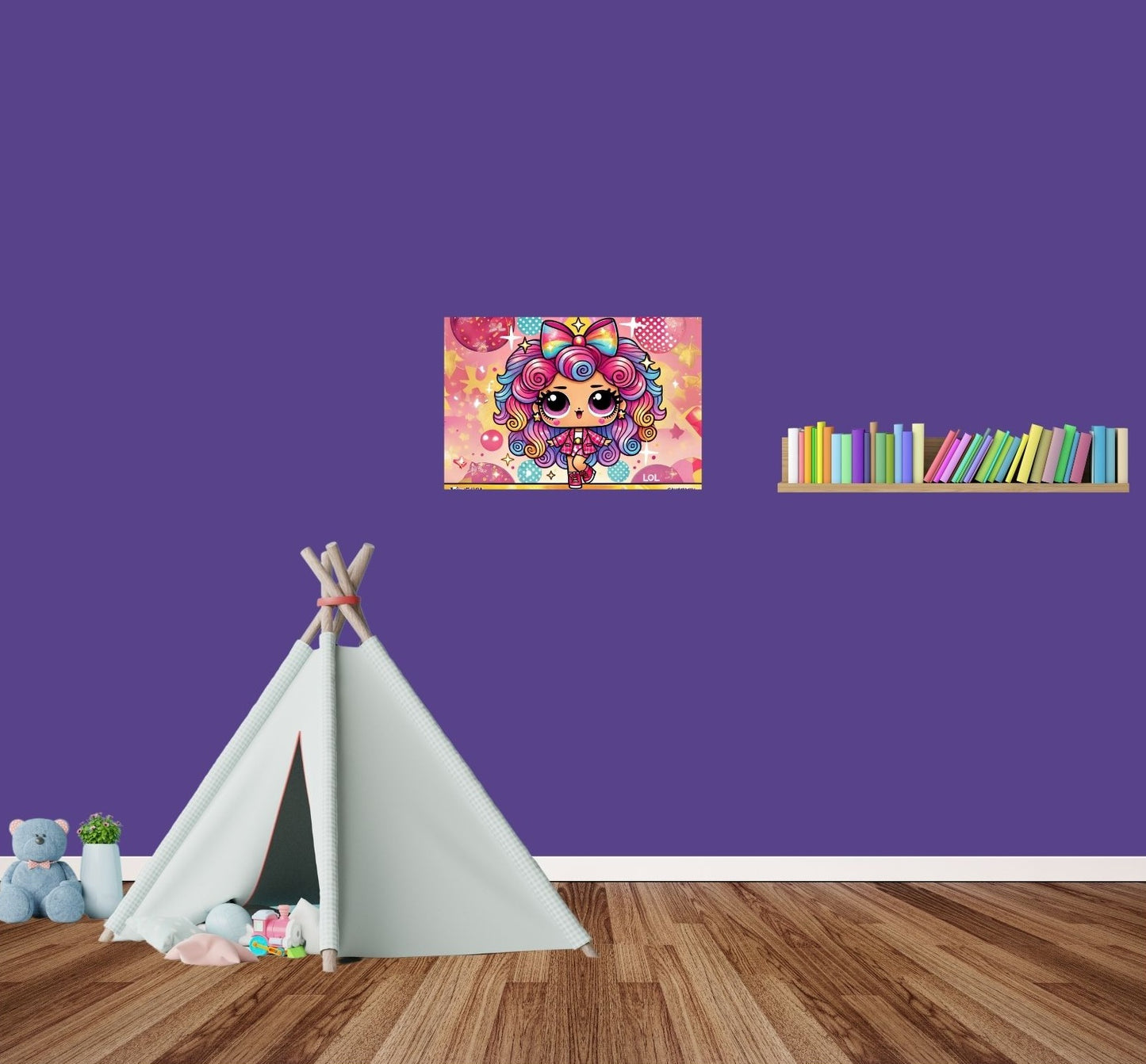 Metallposter mit bunter Heldin im Kinderzimmer – knallige Farben & süßer Look für kleine Superhelden-Fans.