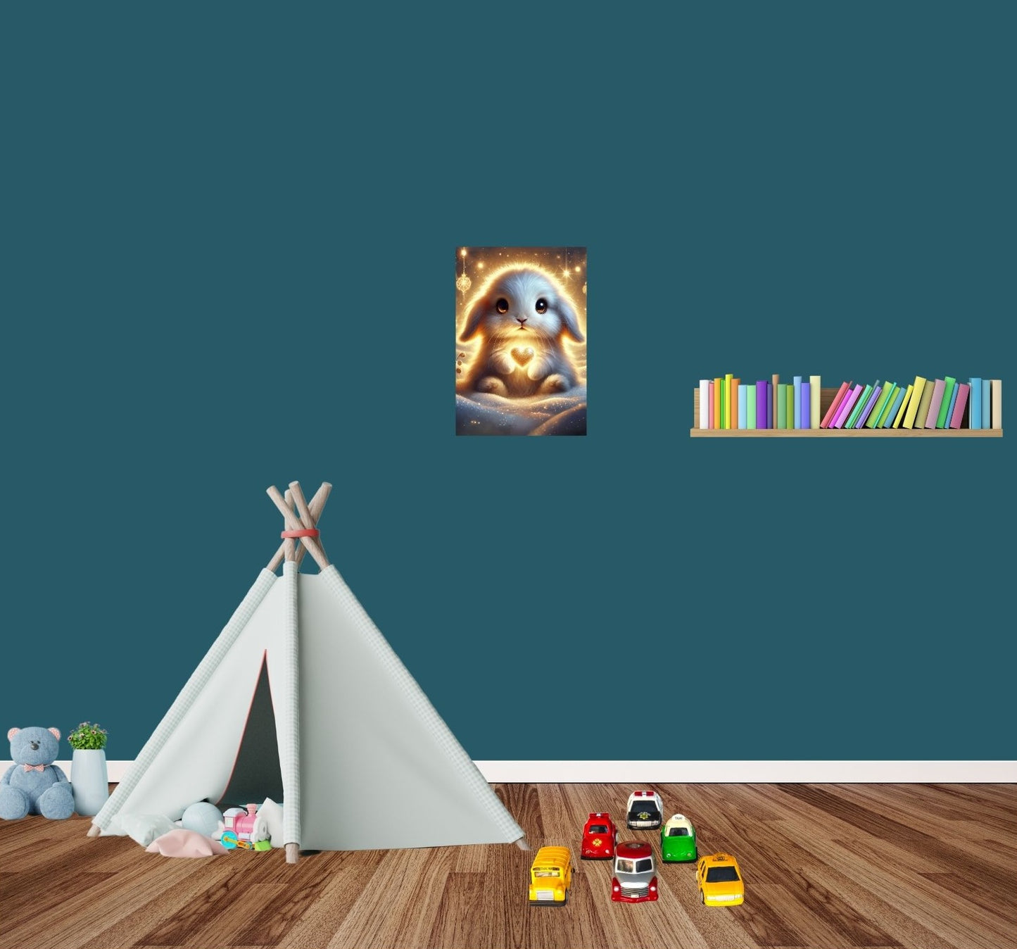 Leuchtender Zauberhase mit glitzernden Details – bezauberndes Metallposter mit Hochglanz-Finish und magnetischer Wandbefestigung