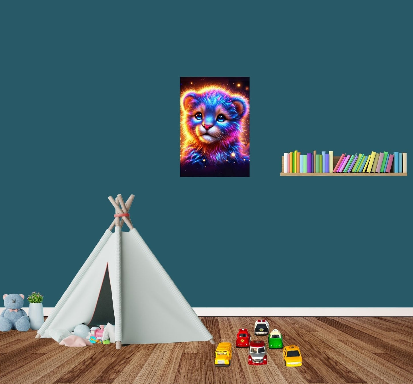 Funkelnder Babytiger auf glänzendem Metallposter – intensive Farben, gestochen scharf, ideal für Kinderzimmer oder Tierliebhaber