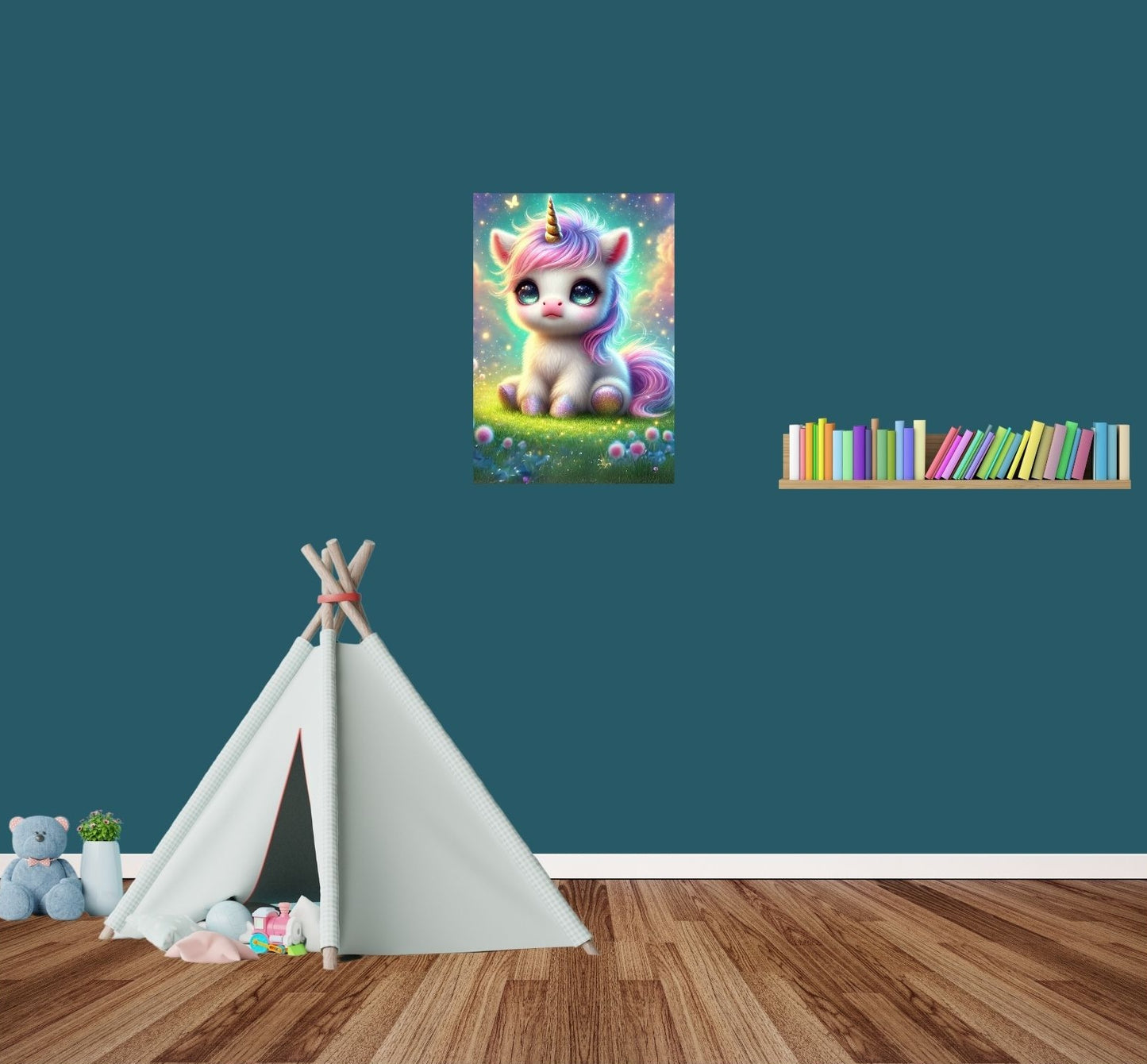Metallposter mit süßem Einhorn im hellen Kinderzimmer – fröhlich, bunt & märchenhaft.