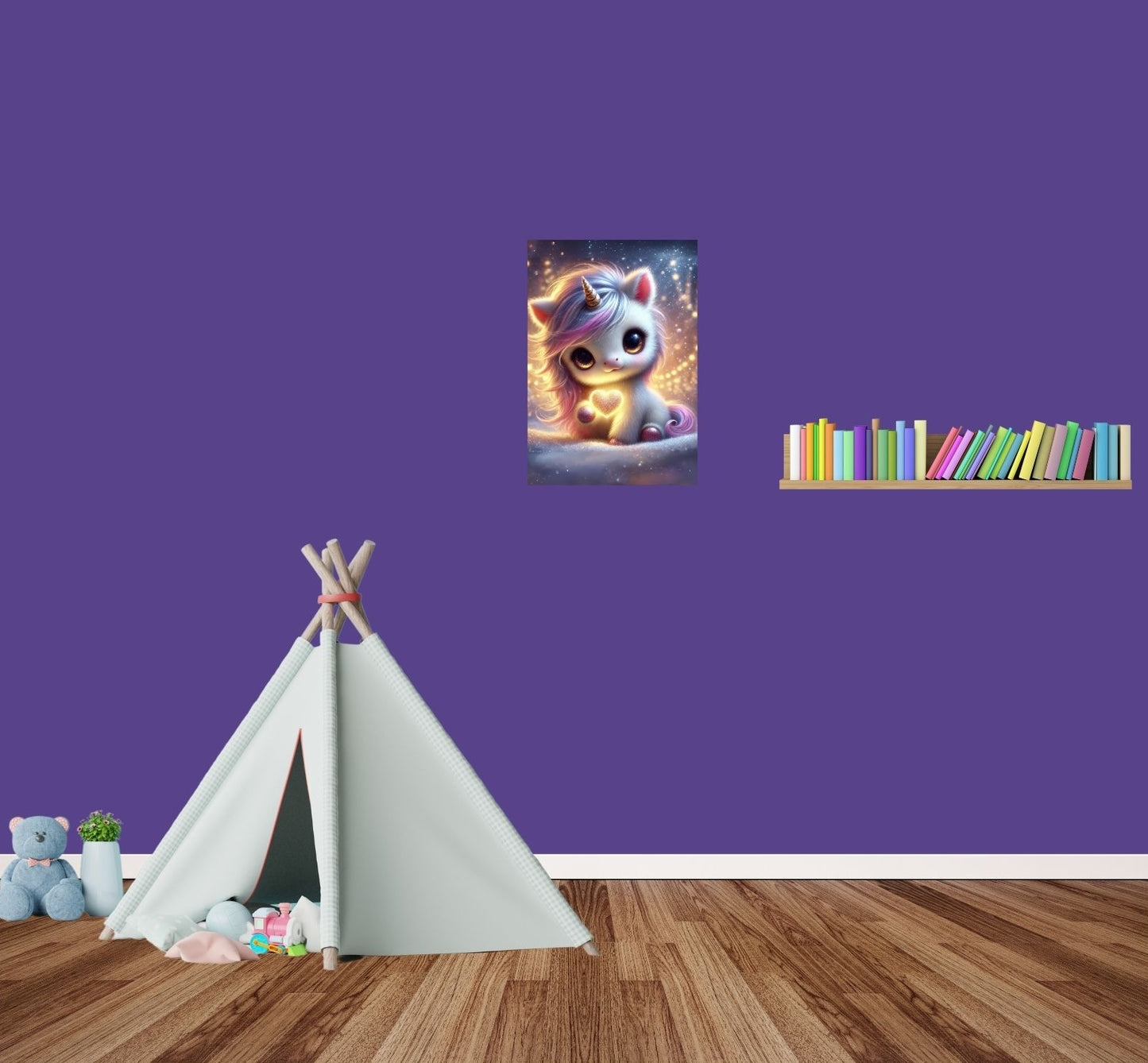 Traumhaftes Einhorn-Poster im Mädchenzimmer – magische Szene mit strahlender Wanddeko.