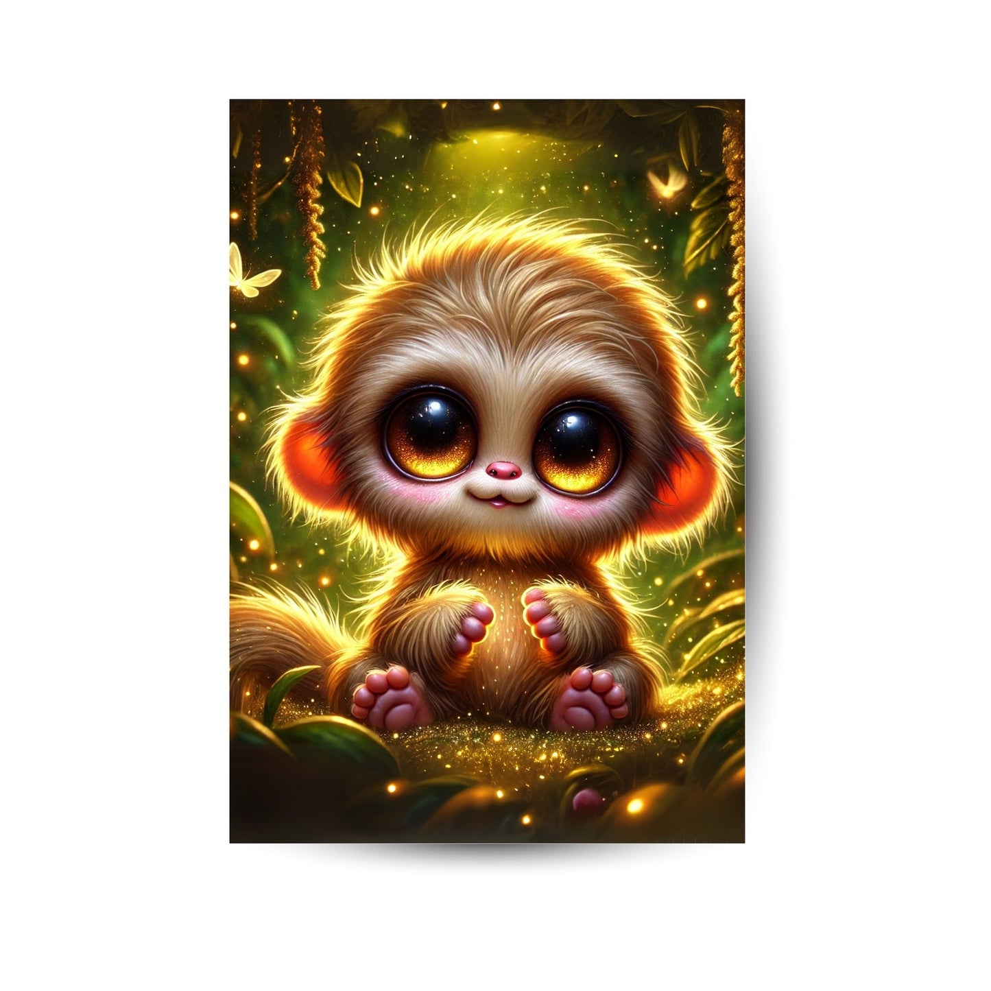 Metallposter mit leuchtendem Lori-Baby im Dschungel – große Augen & zauberhafte Atmosphäre.