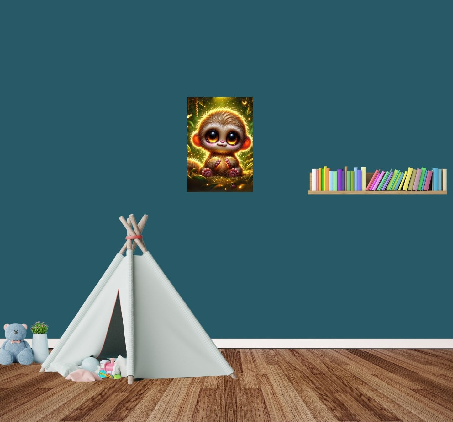 Dschungel-Metallposter mit süßem Lori im Kinderzimmer – tropisch, niedlich & farbenfroh.