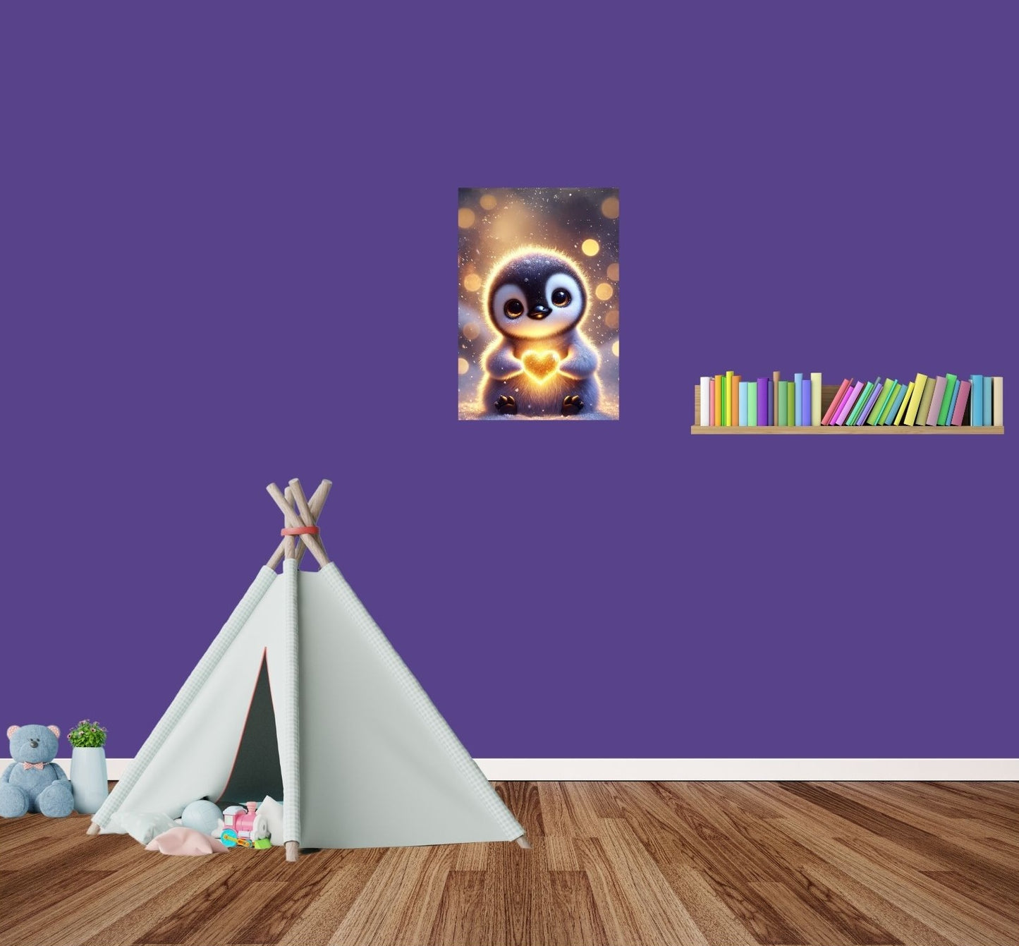 Pinguin-Metallposter in einem gemütlichen Kinderzimmer – sanfte Farben & liebevolle Tierdarstellung.