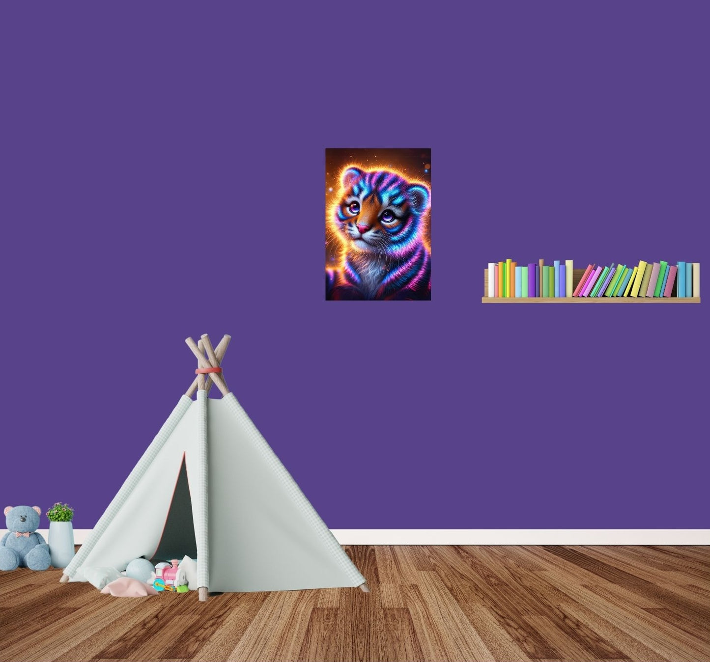 Kinderzimmer-Mockup mit Neon-Tigerposter – fantasievolle Tierkunst als strahlende Wanddeko.