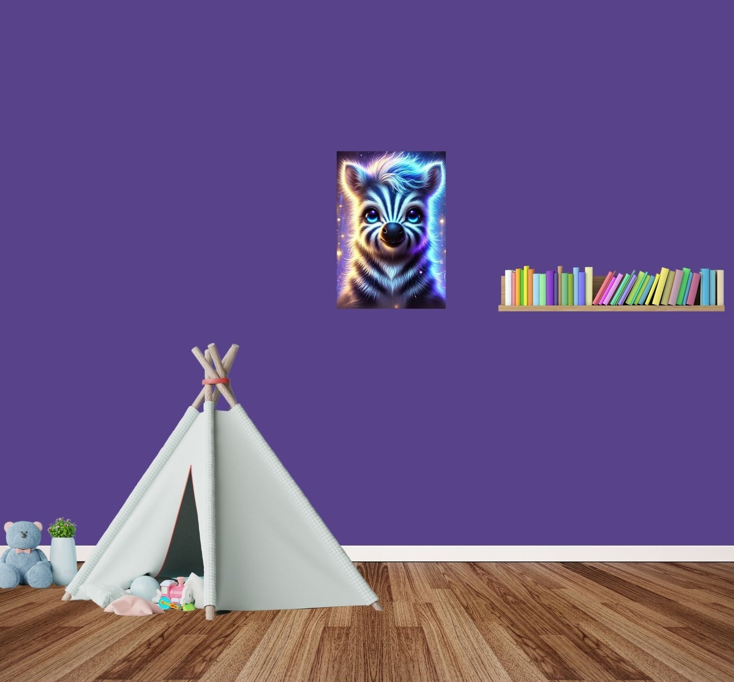 Wohnzimmer mit buntem Zebra-Metallposter – auffällige Wandkunst, leicht montierbar dank Magneten.