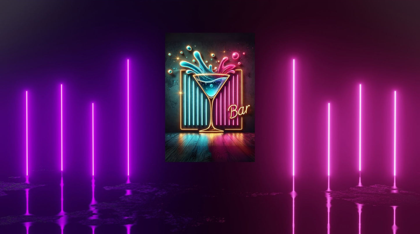 Barbereich mit stylischem Neon-Cocktail-Poster – modernes Wandbild mit Magnetbefestigung.