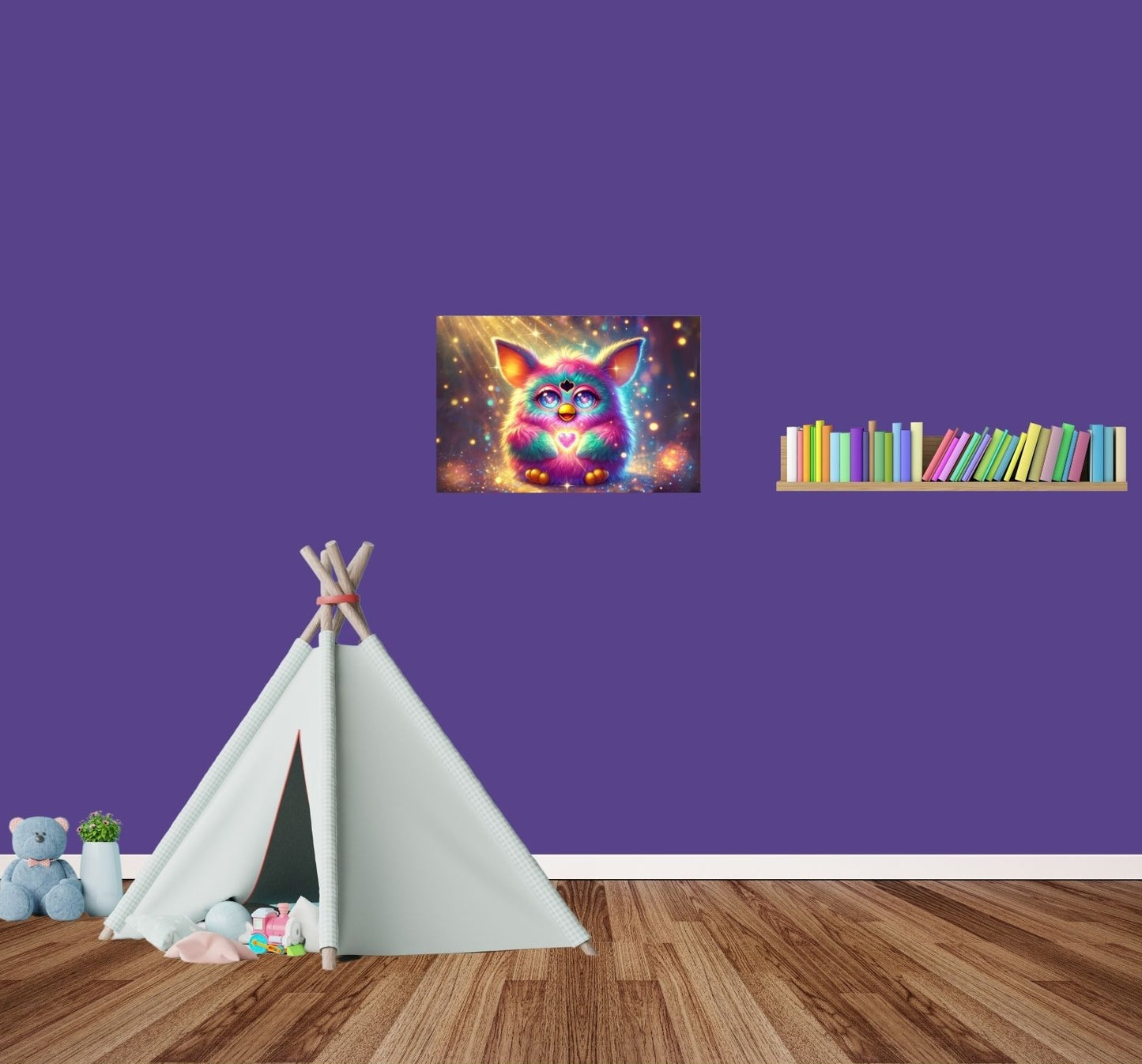 Neon-Metallposter mit leuchtendem Kuscheltier und Herzsymbol – warm, bunt & fantasievoll.