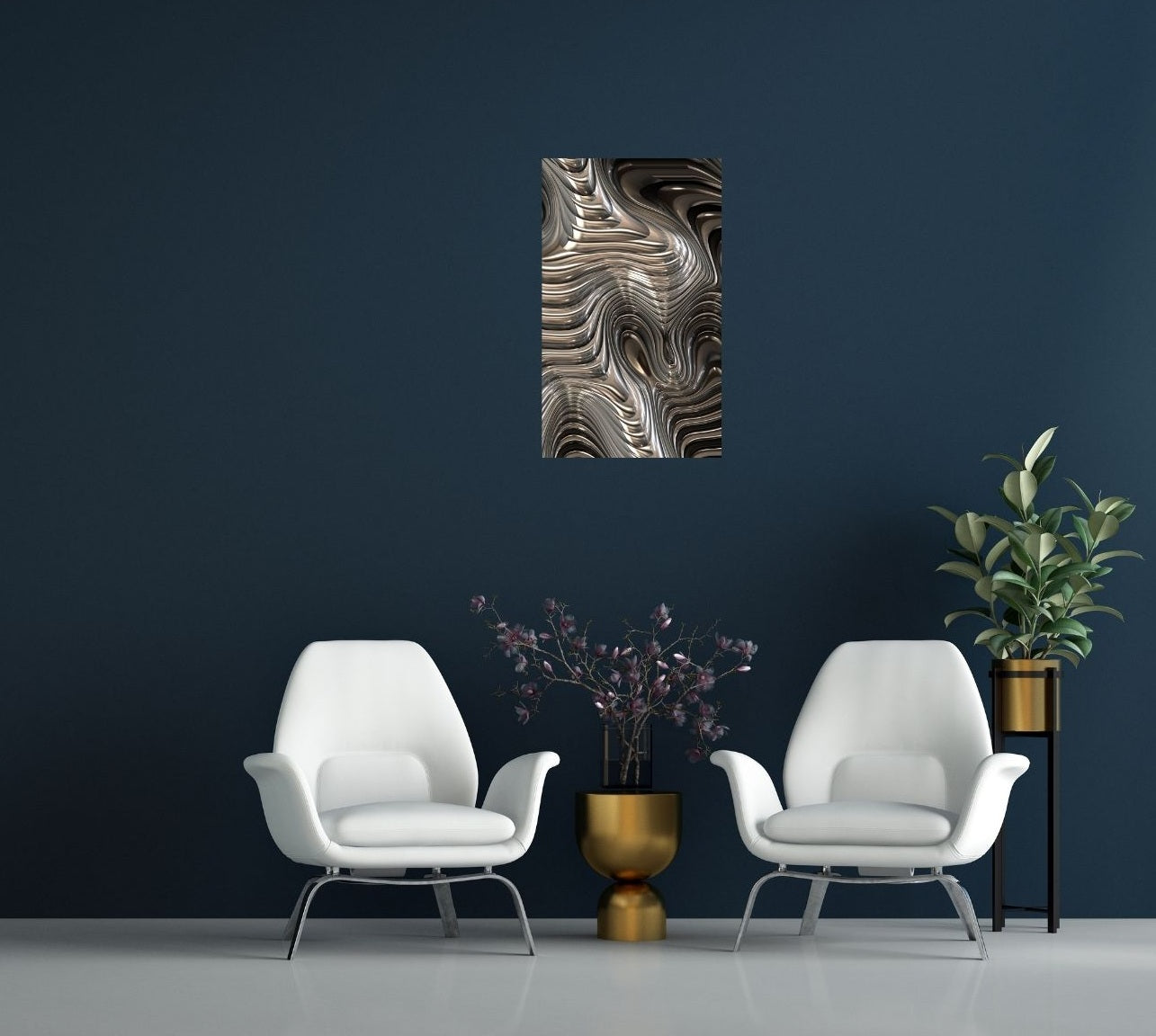 Moderner Raum mit Metallposter ‚Flüssiges Metall‘ – hypnotisierende Linienkunst