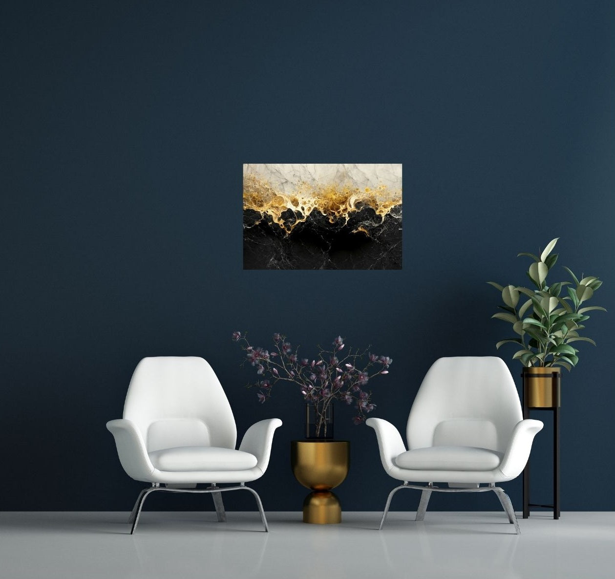 Raum mit Metallposter ‚Goldene Eleganz‘ – abstrakte Kunst mit goldenen Akzenten