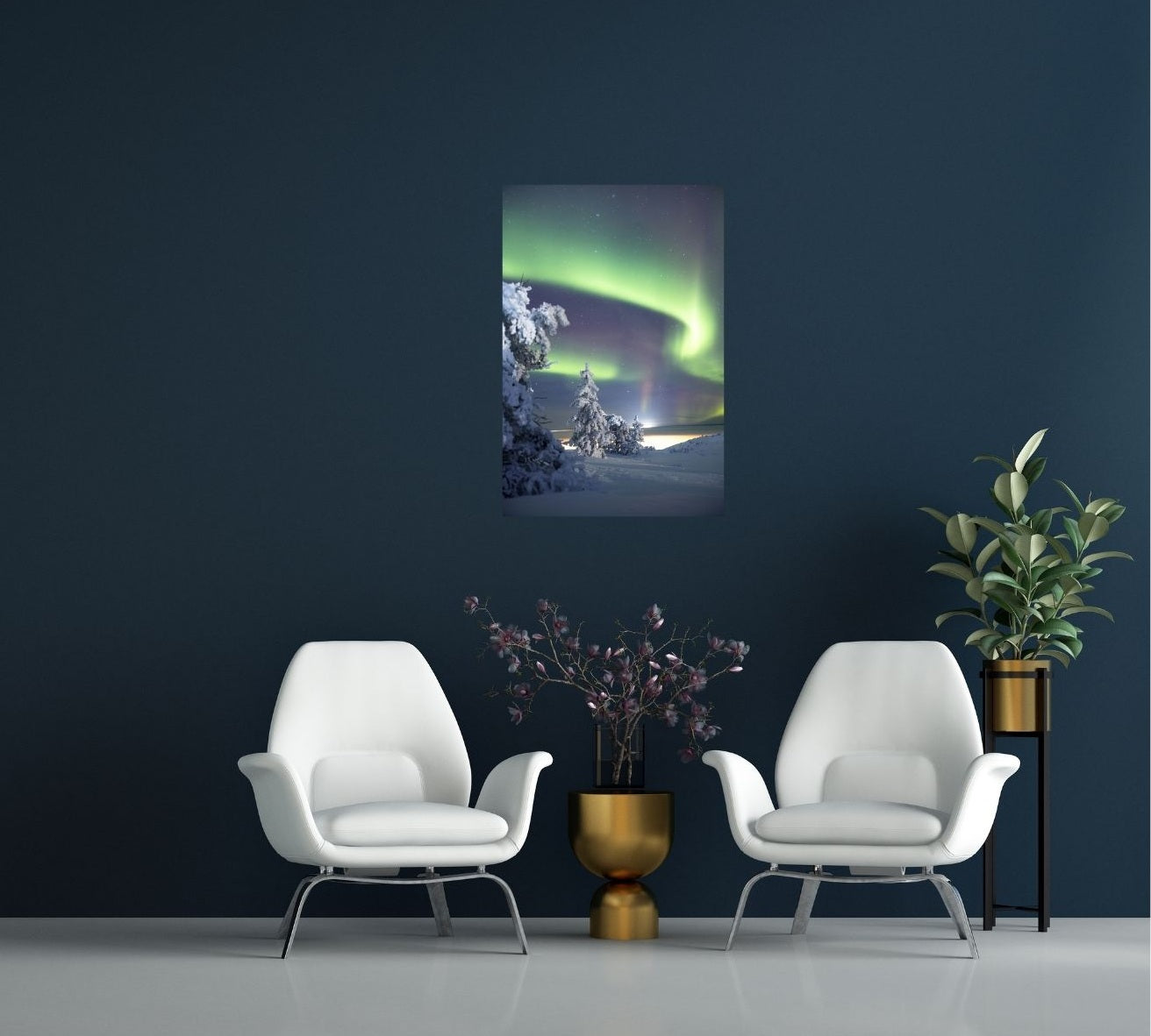 Wandbild Leuchtendes Nordlicht – Polarlicht-Motiv als glänzendes Metallposter im modernen Raum