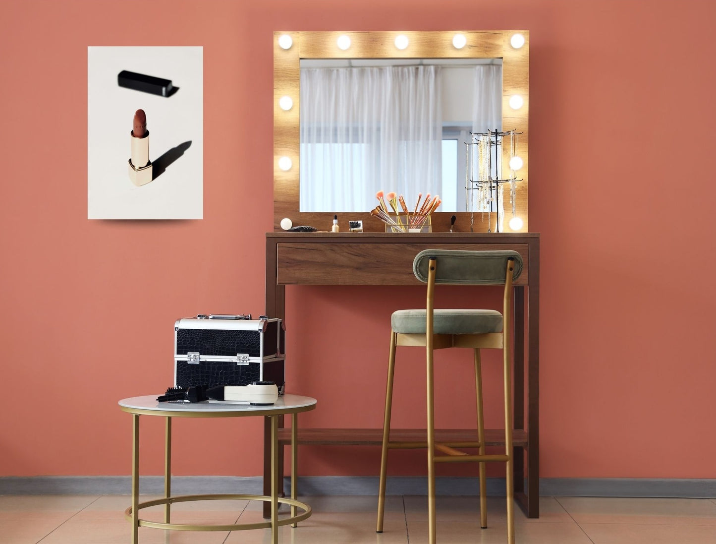 Poster Edler Lippenstift in elegantem Raum – Metallbild mit edlem Make-up-Motiv und Magnetbefestigung