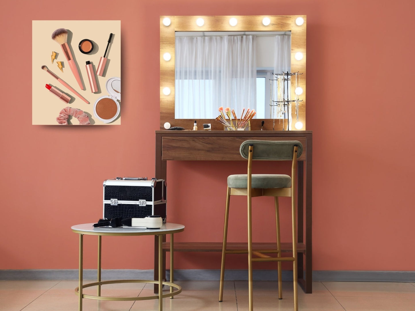 Metallposter mit Make-up-Produkten in Rosatönen – stilvolle Wandkunst mit Magnetbefestigung in Beauty-Ecke oder Schminktisch-Mockup