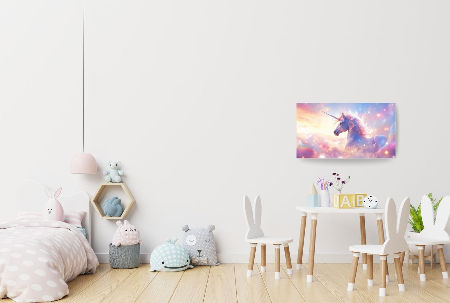 Metallposter mit pastellfarbenem Einhorn – zauberhafte Wanddeko mit Magnetbefestigung im Kinderzimmer-Mockup