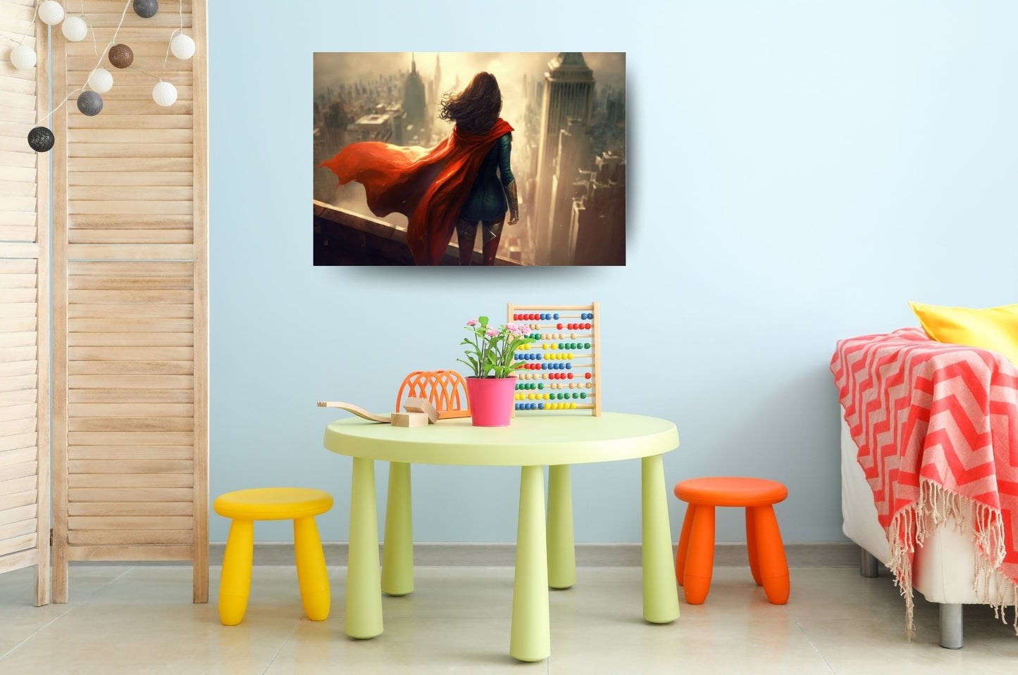 Poster einer starken Heldin im Wohnzimmer – perfekte Wandkunst für Fans von epischen Frauengestalten.