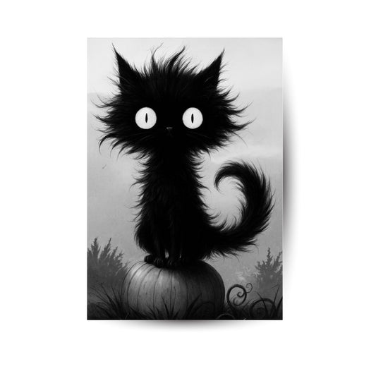 Kürbiskatze – Skurriles Halloween-Poster in Schwarzweiß