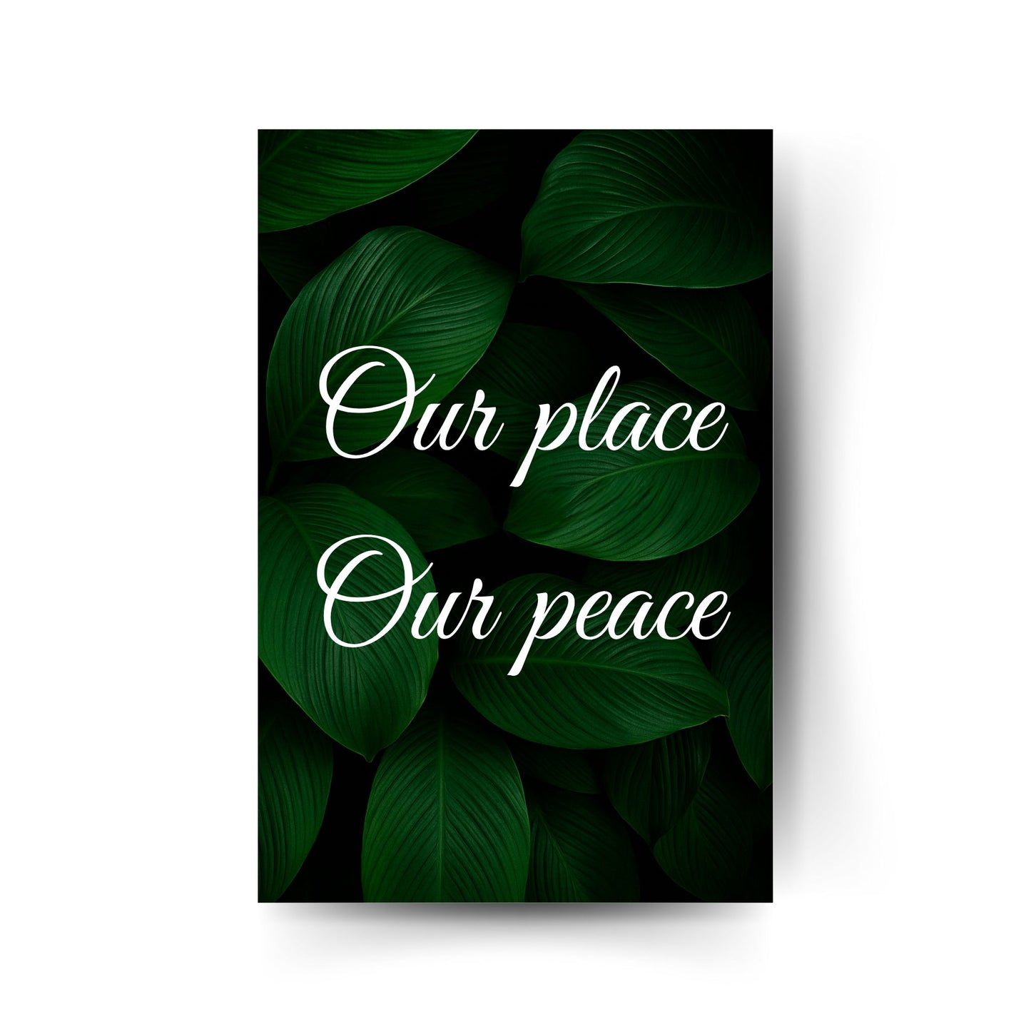 Grünes Poster mit weißer Schrift „Our place – Our peace“ – ruhige Typografie auf Blättermotiv.