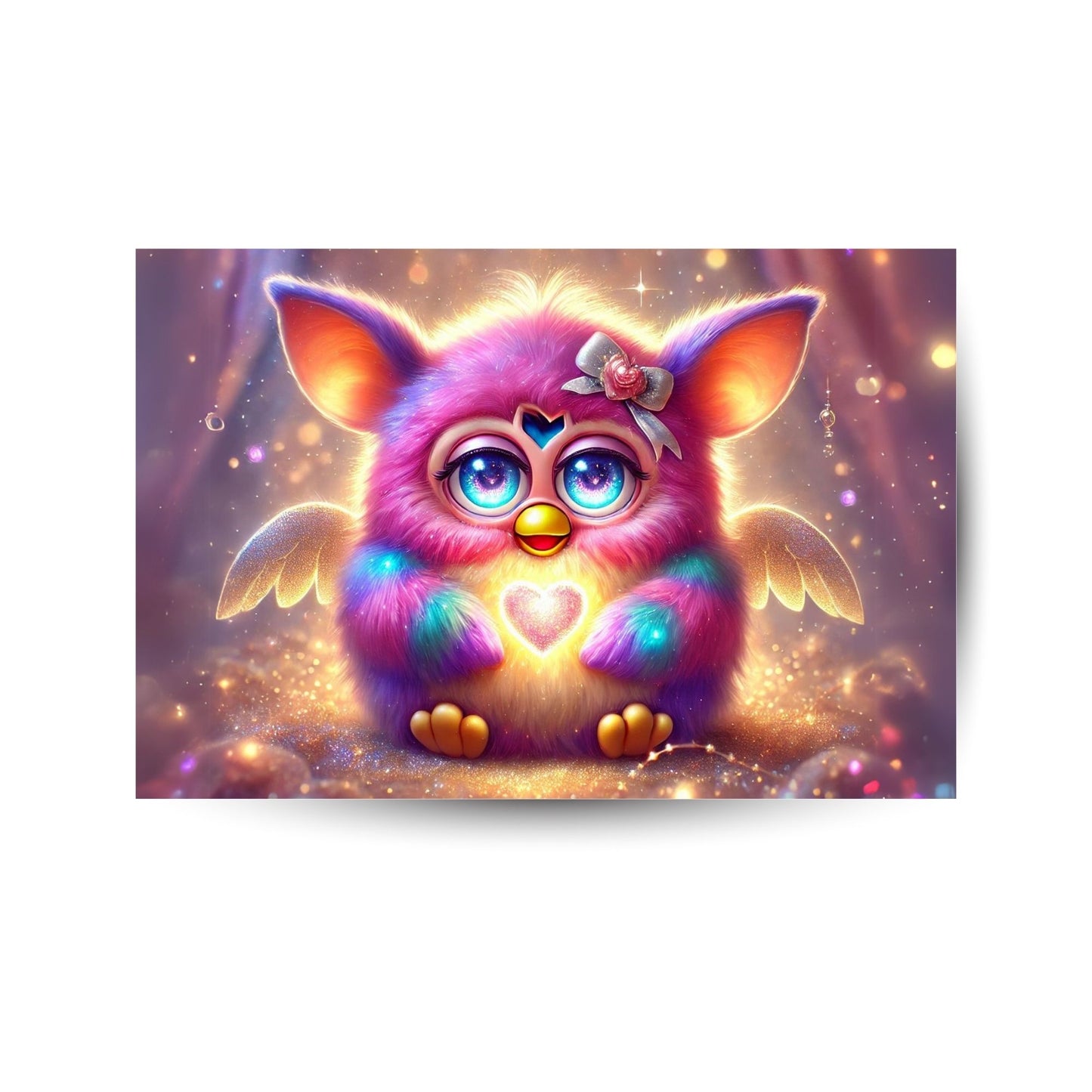 Neon-Metallposter mit leuchtendem Kuscheltier und Herzsymbol – warm, bunt & fantasievoll.