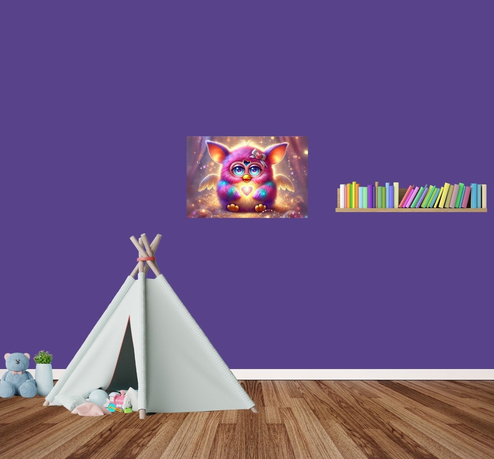 Neon-Metallposter mit leuchtendem Kuscheltier und Herzsymbol – warm, bunt & fantasievoll.
