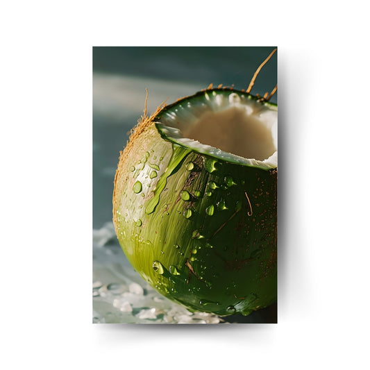 Frische grüne Kokosnuss mit Strohhalm und Wassertropfen – exotisches Premium-Metallposter für Küche, Bar oder tropisches Wohnambiente.
