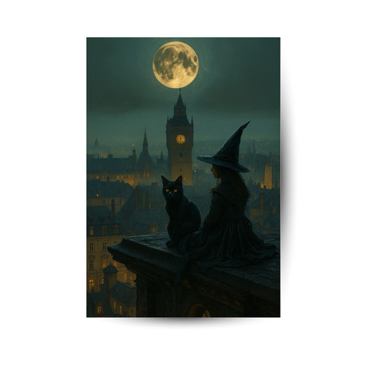 Mitternachtsblick – Magisches Hexenposter mit Stadtsilhouette