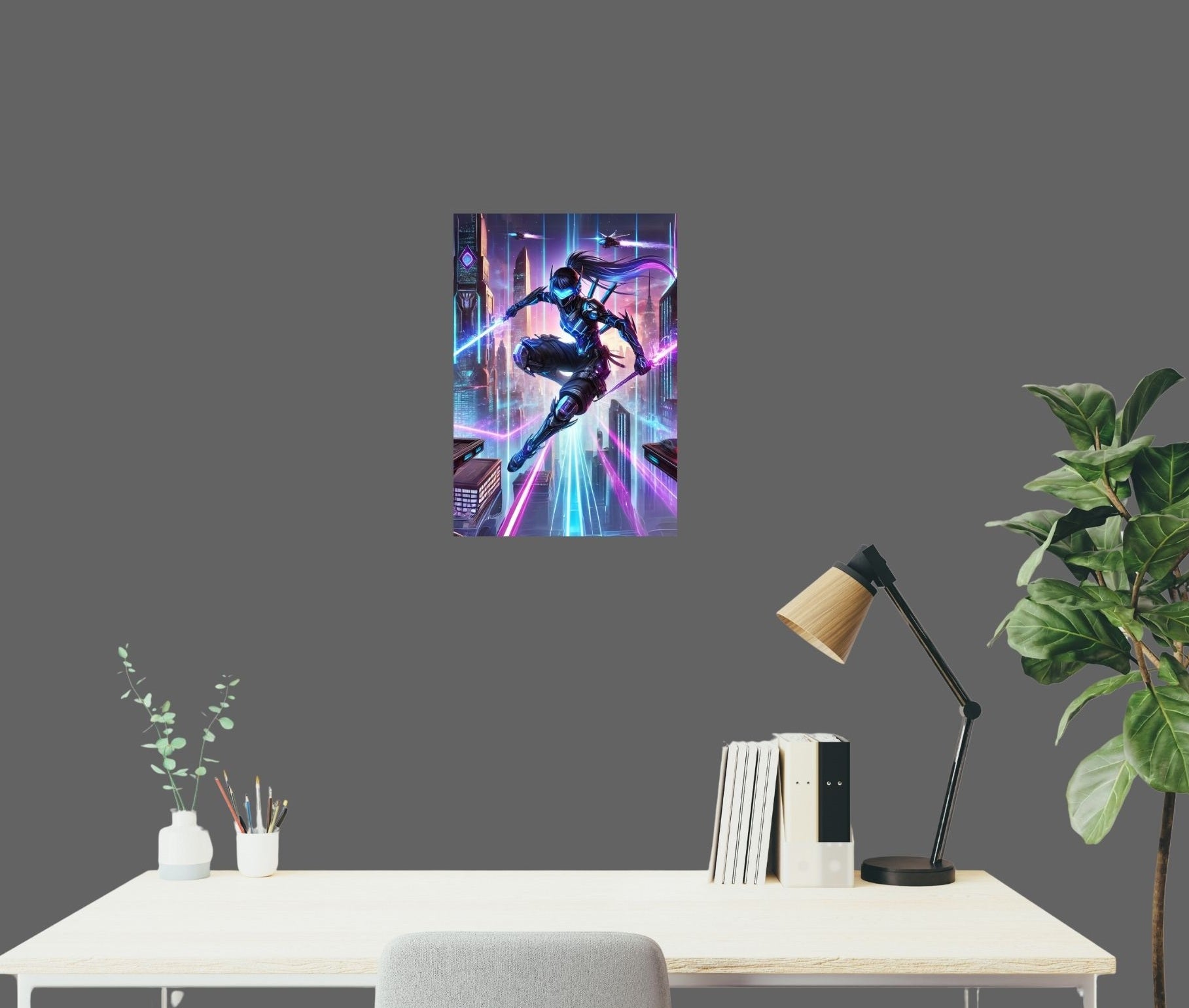 „Neon no Ninja“ Poster auf Metall im Gaming-Zimmer – futuristische Deko mit einfacher Magnetbefestigung
