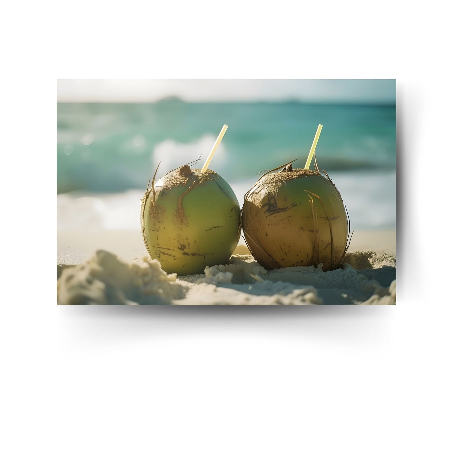 Zwei Kokosnüsse mit Strohhalm am Strand vor türkisfarbenem Meer – tropisches Sommer-Poster auf Metall für Urlaubsfeeling zu Hause