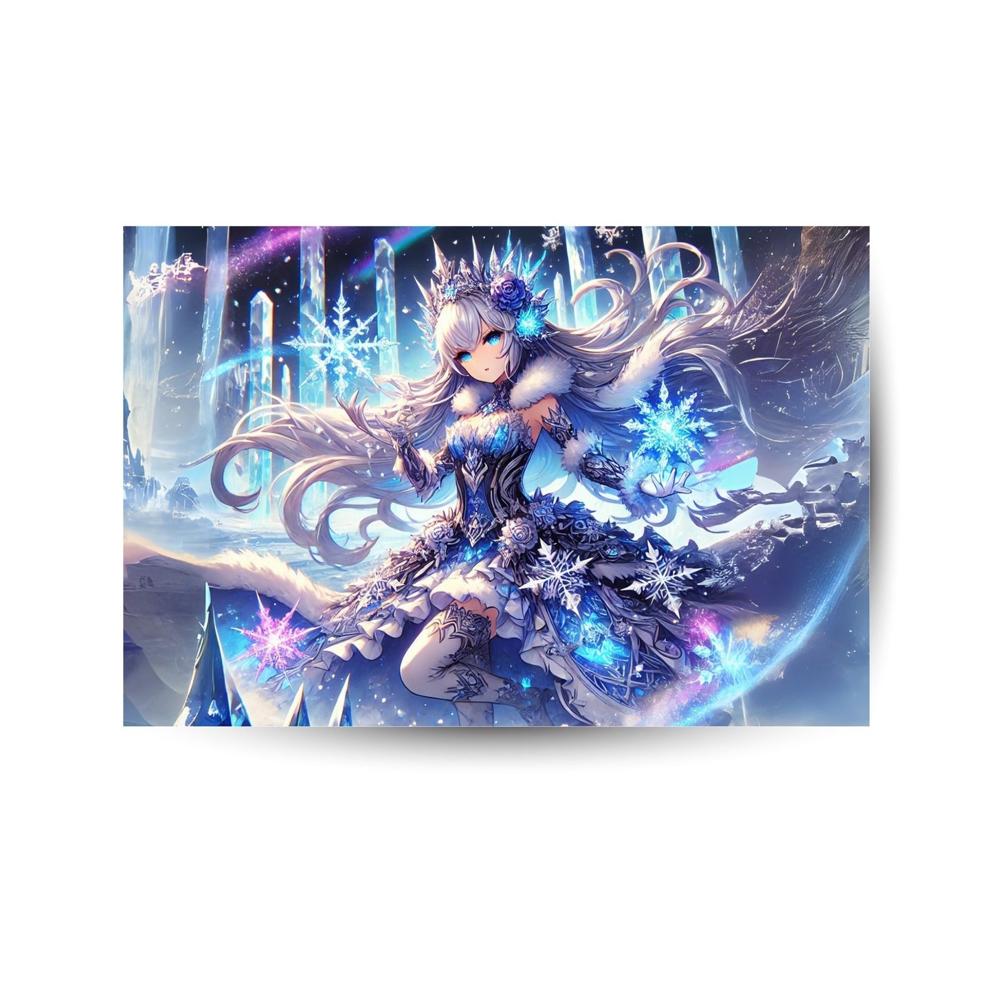  Magisches Anime-Metallposter mit Schneekönigin in winterlicher Kulisse – Eis, Glanz und zauberhafte Details