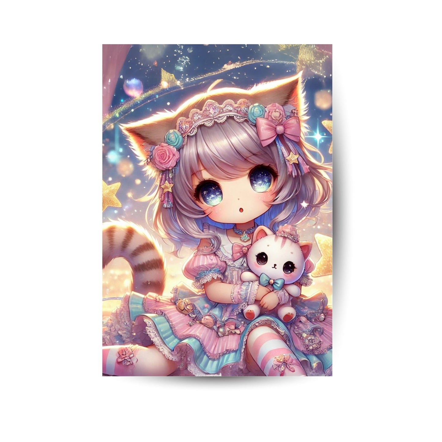 Farbenfrohes Metallposter mit verspielter Anime-Katzenprinzessin – süßes Charakterdesign