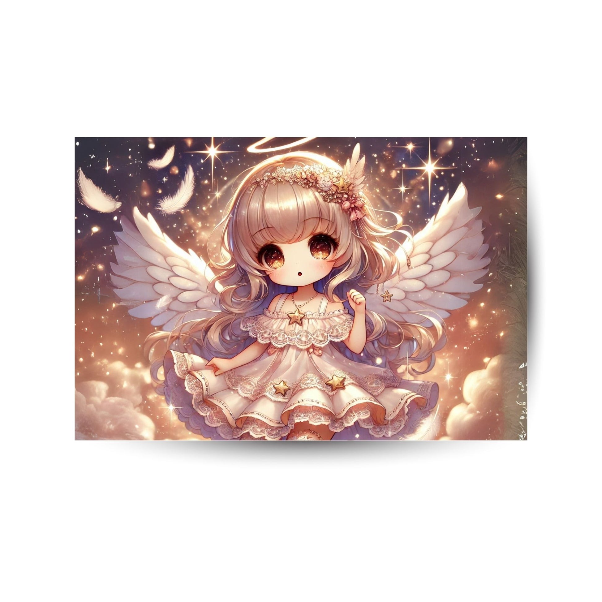 Engelmädchen mit Flügeln auf leuchtendem Metallposter – Anime-Fantasy in goldener Lichtwelt