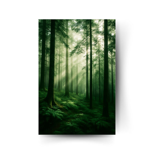 Stimmungsvolles Naturposter mit grünem Wald und Lichtstrahlen – beruhigend und meditativ.