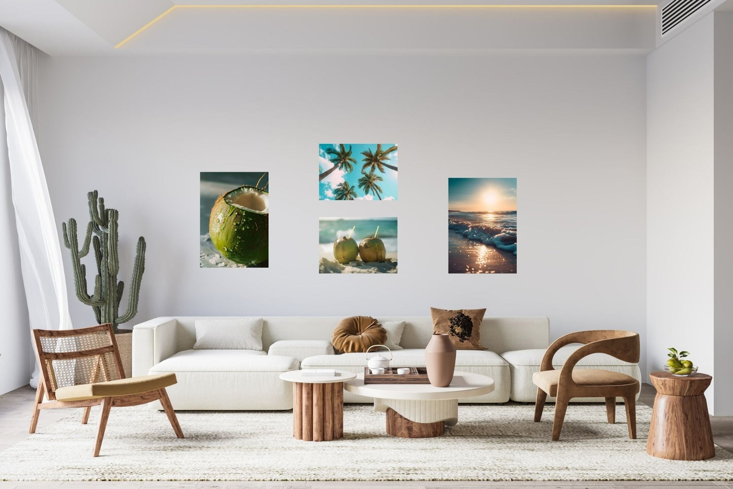 Elegantes Wohnzimmer mit Sonnenuntergang-Poster – modernes Metallbild mit warmem Abendlicht und Wellen