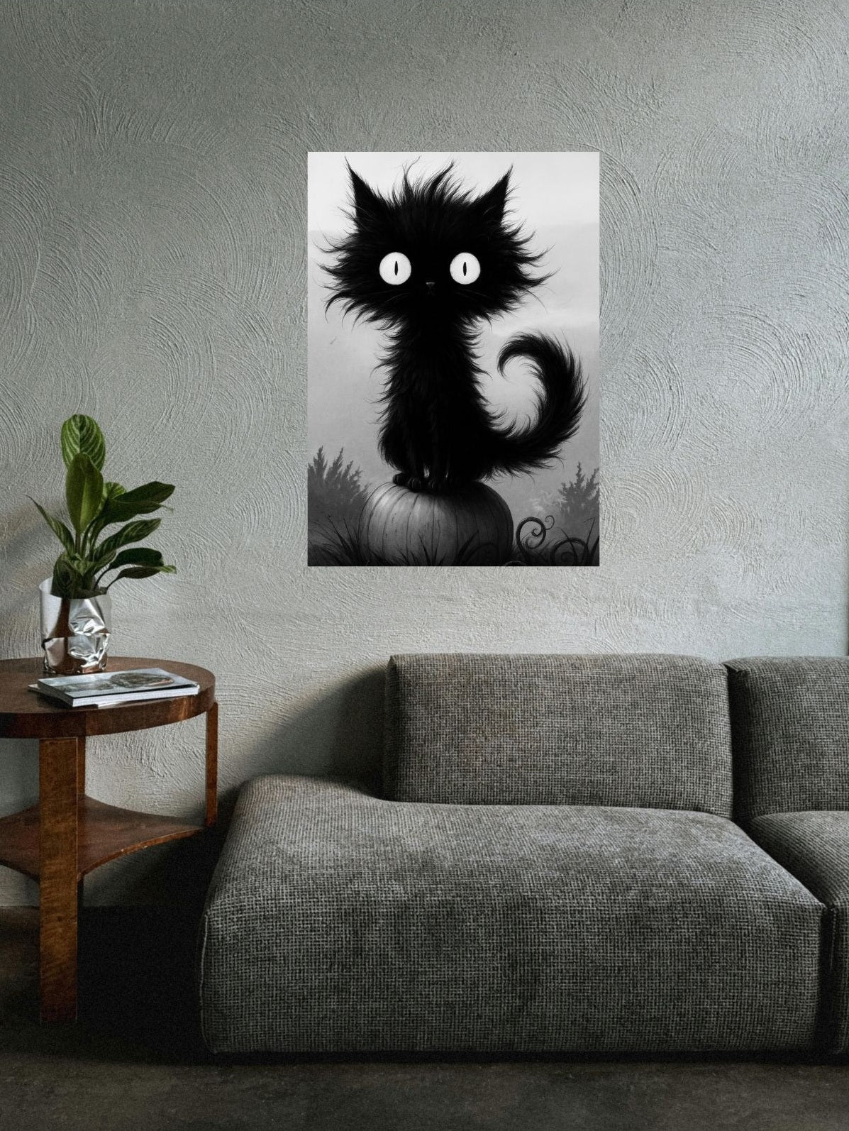 Kürbiskatze – Skurriles Halloween-Poster in Schwarzweiß