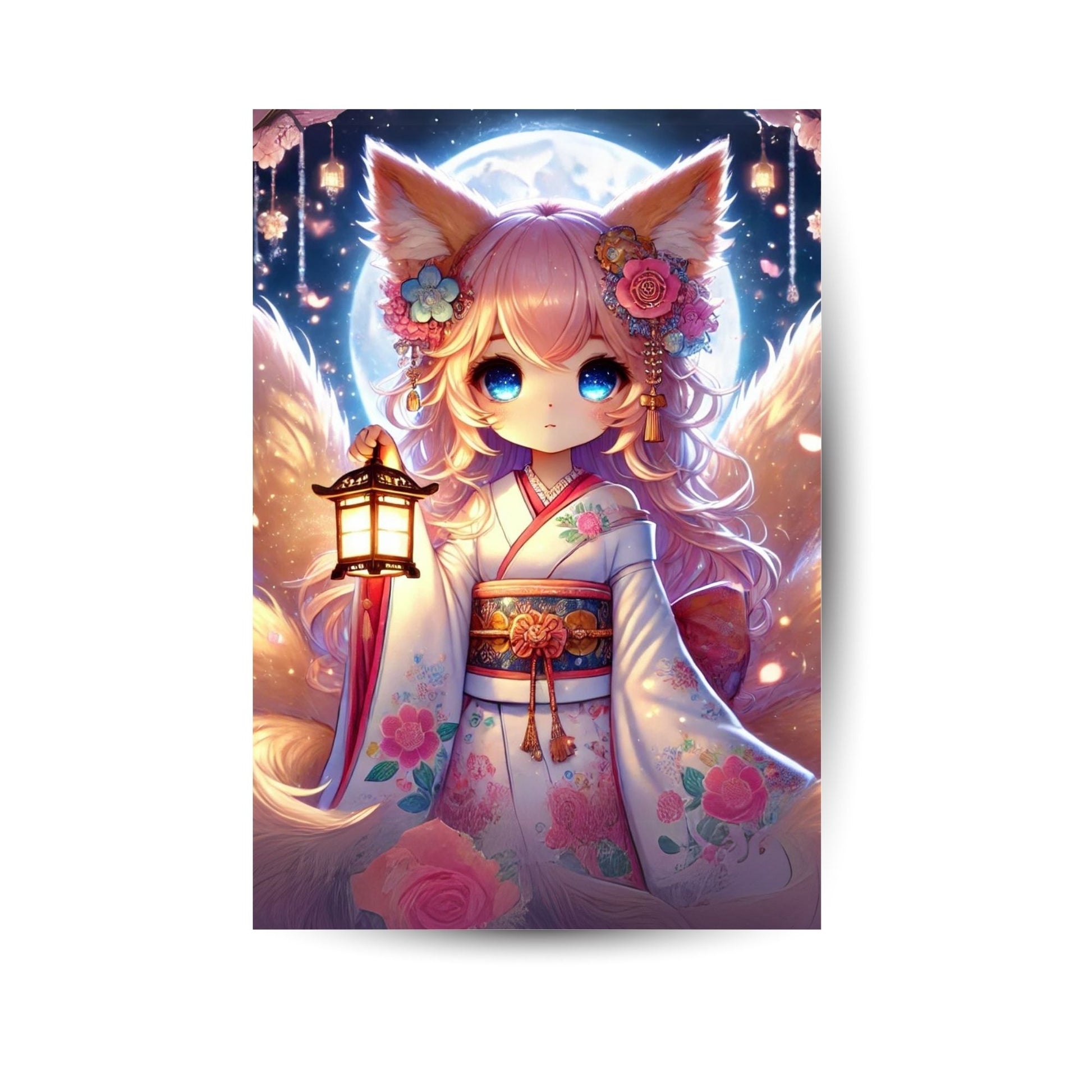 Anime-Poster mit Kitsune-Fuchs im Kimono unter Vollmond – japanisch inspiriertes Metallposter
