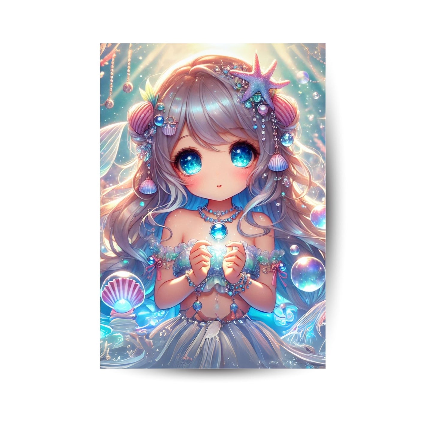 Meerjungfrau auf Metallposter – Aqua no Hime mit leuchtenden Farben unter Wasser