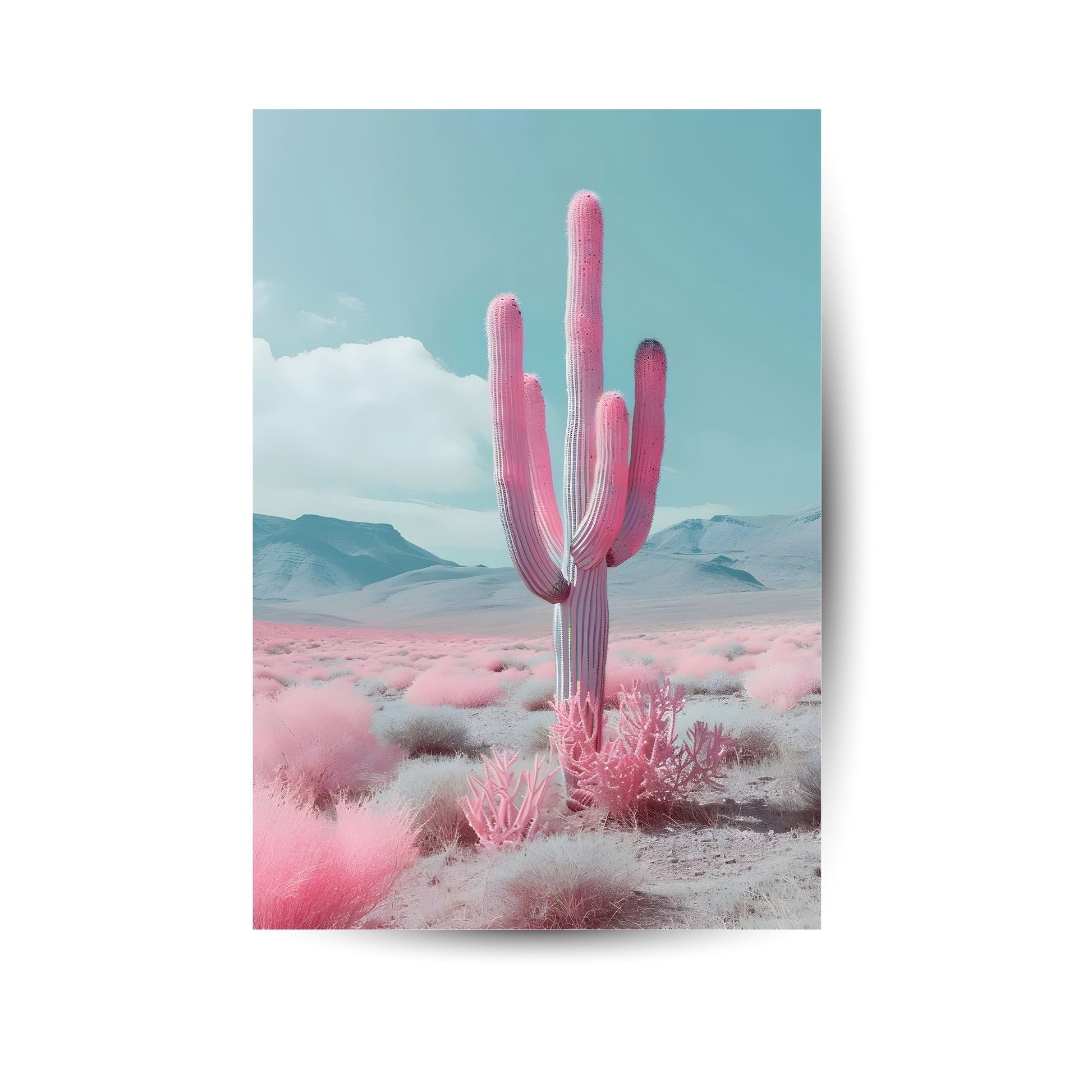 Künstlerisches Poster mit pinkfarbenem Kaktus in surrealer Wüstenlandschaft – knallige Farben und moderner Look