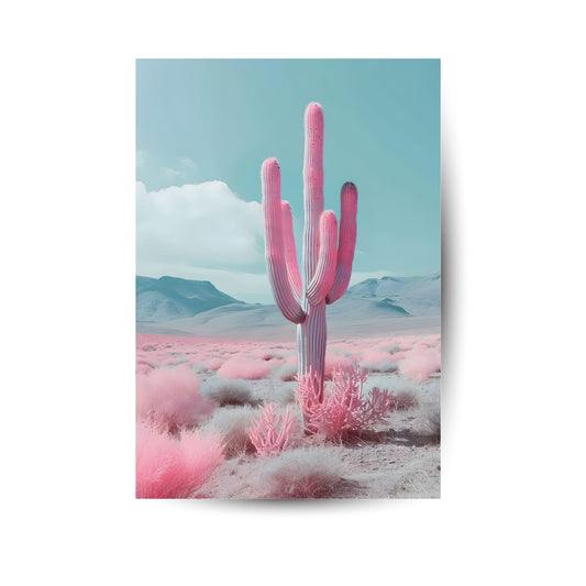Künstlerisches Poster mit pinkfarbenem Kaktus in surrealer Wüstenlandschaft – knallige Farben und moderner Look
