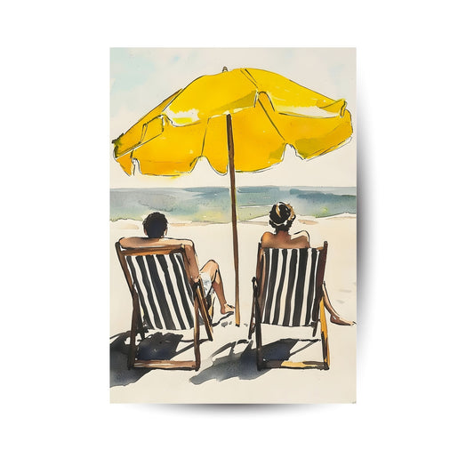 Aquarellmotiv mit zwei Sonnenliegen am Strand – nostalgisch & entspannt.