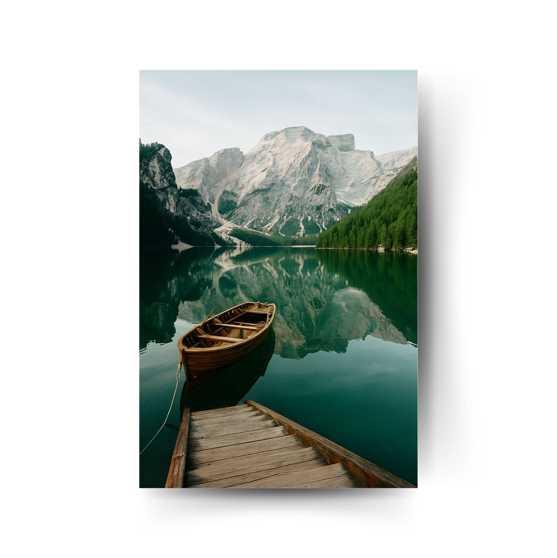 Naturposter mit idyllischem Bergsee und Ruderboot – perfekte Symmetrie und Ruhe.